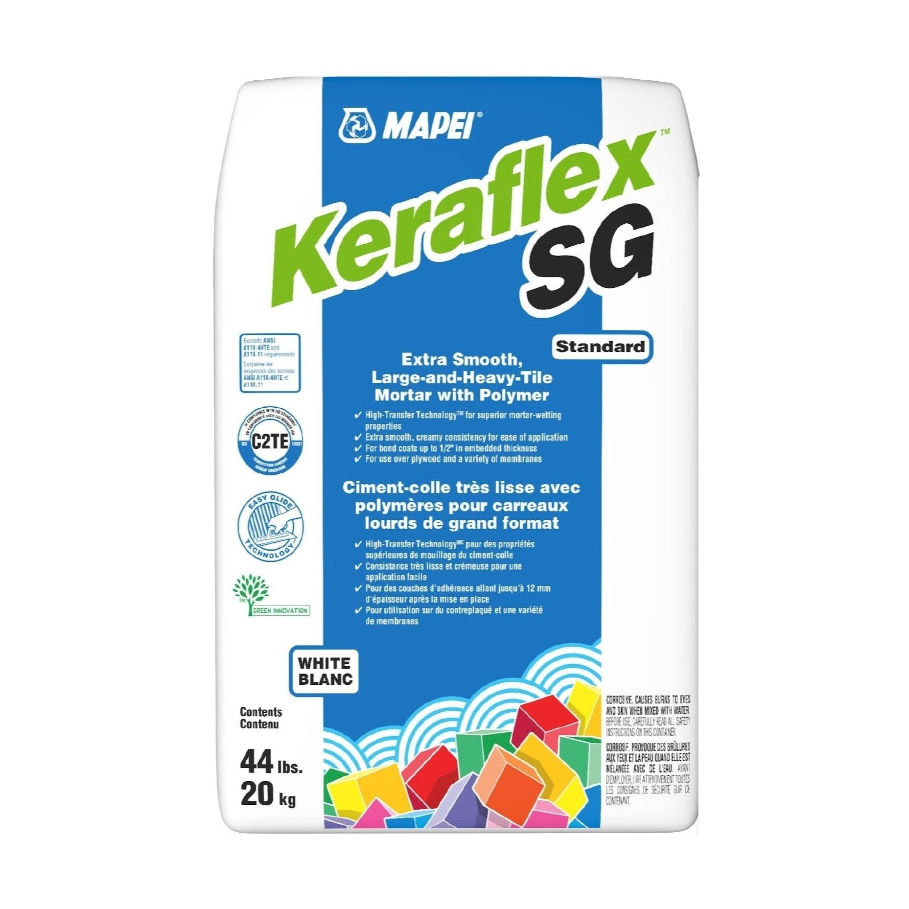 A MAPEI Keraflex SG large-and-heavy-tile mortar with polymer, in a 44 lb. white bag from Mapei, features extra smoothness and polymer modification. The package highlights its pristine white color and showcases colorful tile illustrations at the bottom.